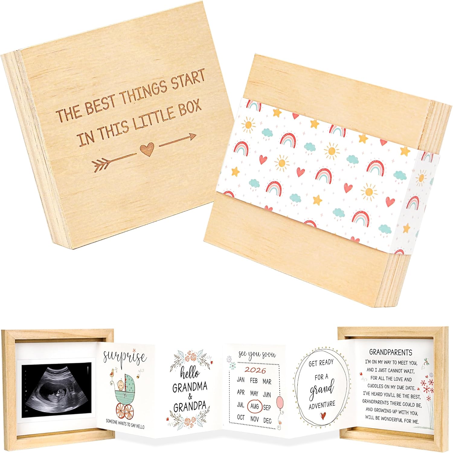 Blinking Stars pregnancy announcement wooden box front view showing the engraved lid text.