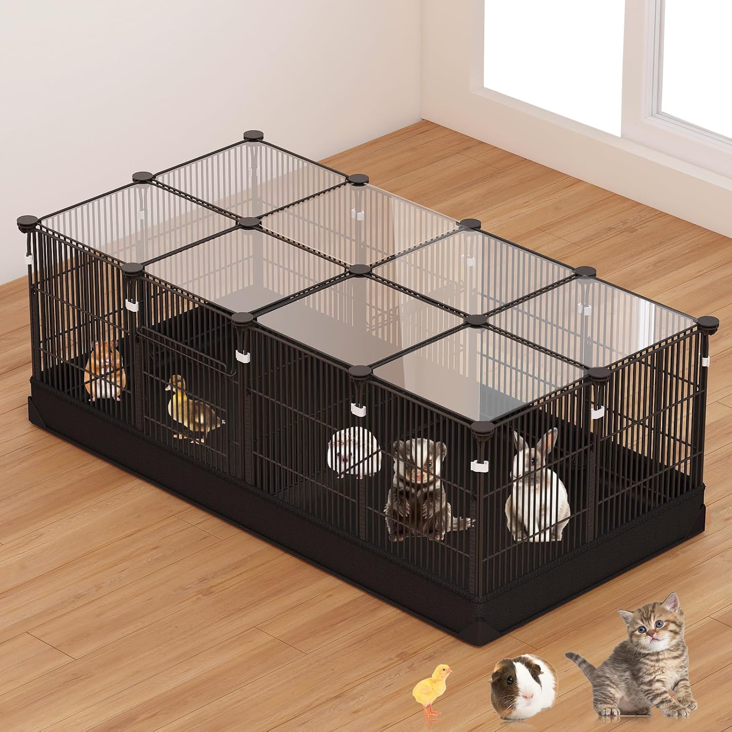 22 Panels Small Animal Playpen, Pet Playpen with Doors & Waterproof Mat, Metal Wire Yard Fence for Rabbits, Guinea Pigs, Hamsters, Chicken, Hedgehogs, Indoor Outdoor C&C Cage Black - Image 1