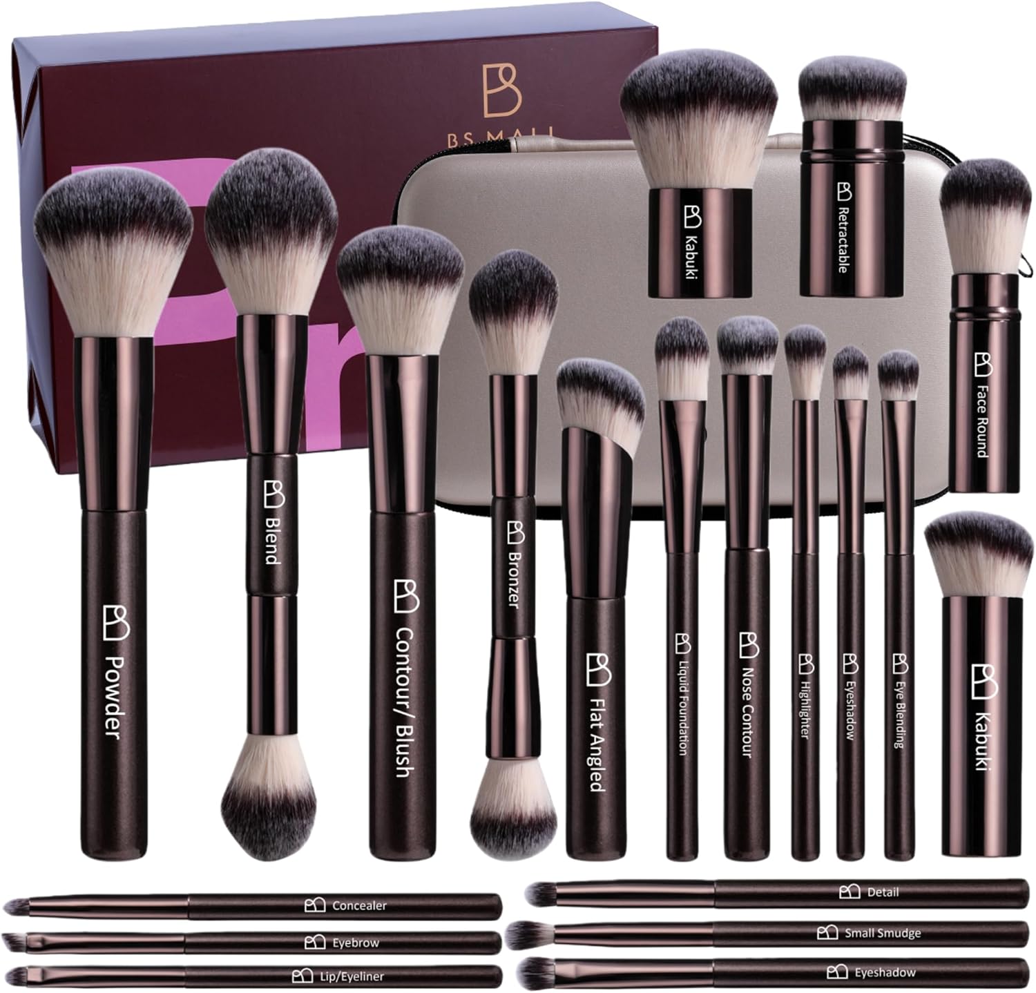 BS-MALL Professional Makeup Brushes twenty piece set displayed front view showing black and gold handles with matching travel case