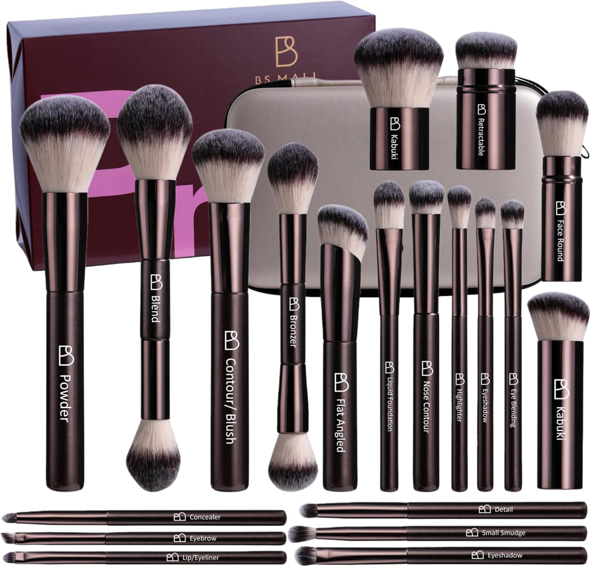 BS-MALL Professional Makeup Brushes twenty piece set displayed front view showing black and gold handles with matching travel case