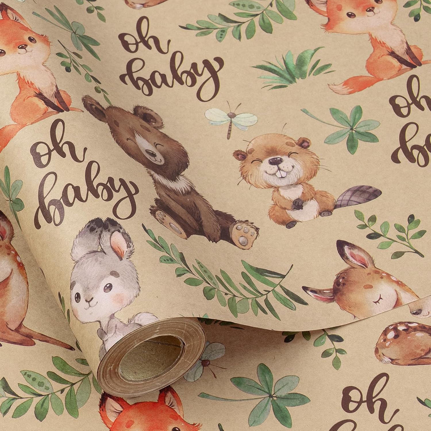 RUSPEPA jungle animal wrapping paper front view showcasing watercolor bear and fox illustration
