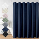 Aiyufeng Moga navy blue fabric shower curtain front view hanging in a luxury bathroom.