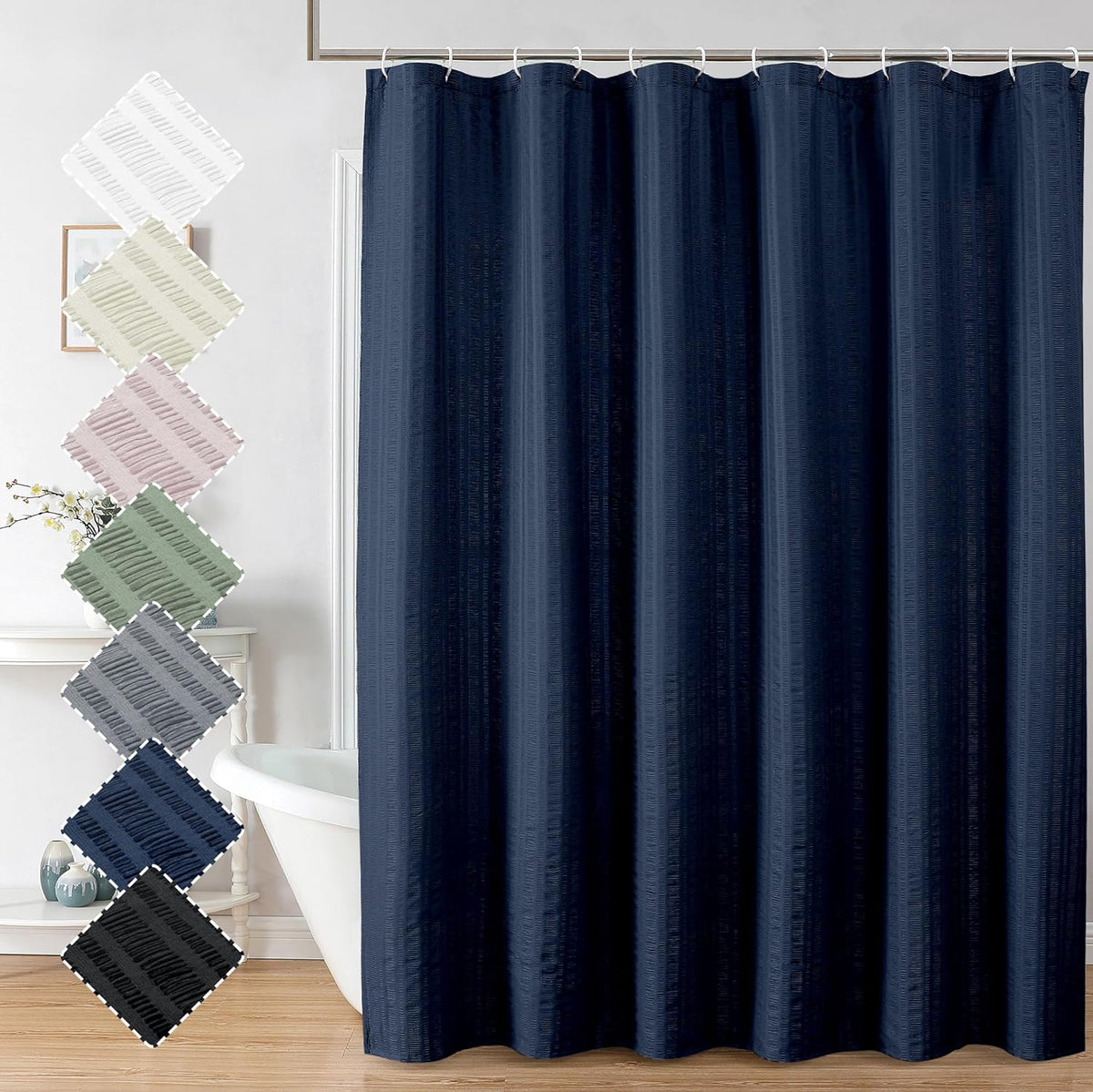 Aiyufeng Moga navy blue fabric shower curtain front view hanging in a luxury bathroom.