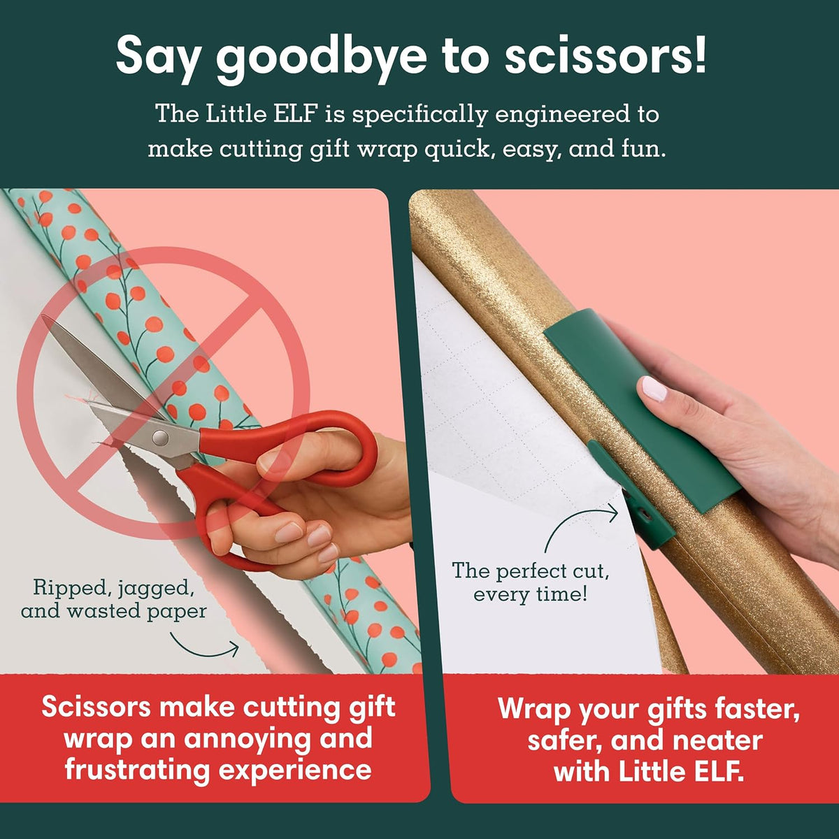 Demonstration of clean straight cut using Little ELF wrapping paper cutter
