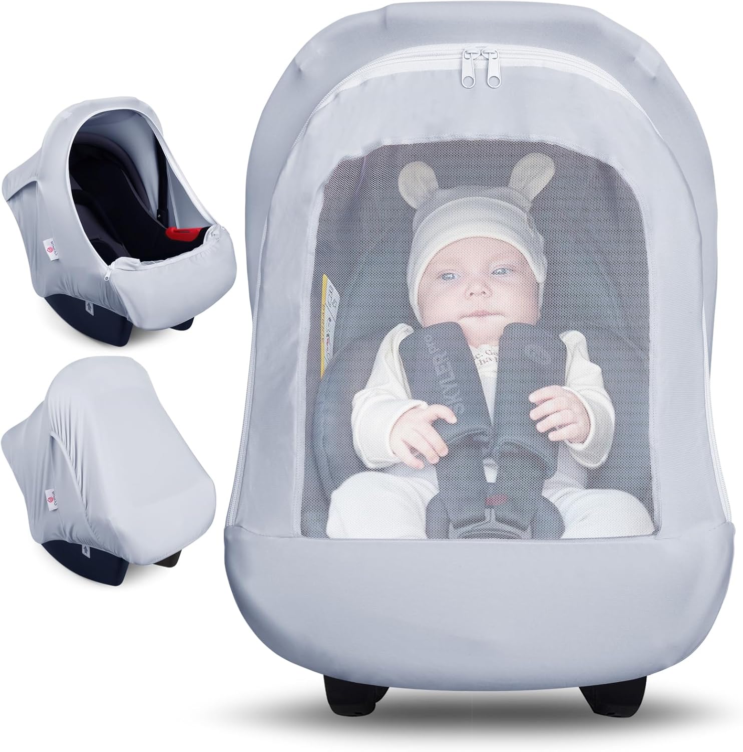 Metplus 2 in 1 baby car seat canopy front view showcasing light grey fabric design.
