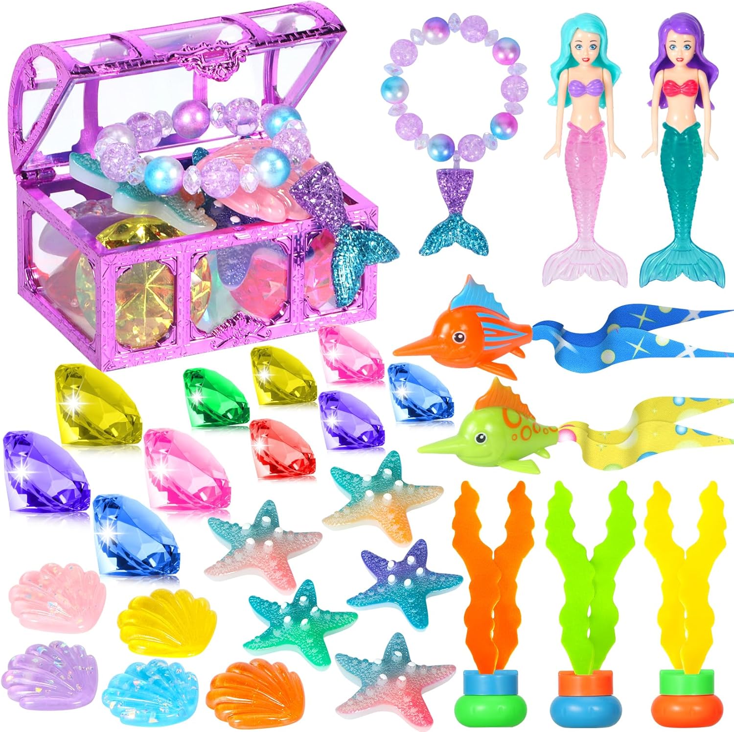 VGOFUN mermaid diving pool toys set with pirate treasure chest and colourful gems front view
