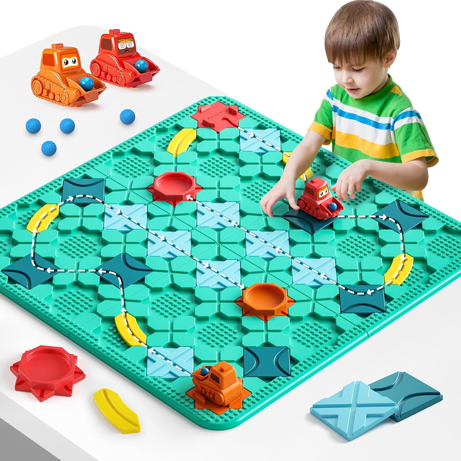 Burgkidz Logical Road Builder STEM Family Board Game front packaging view displaying the green hexagonal grid layout and vehicle tracks.