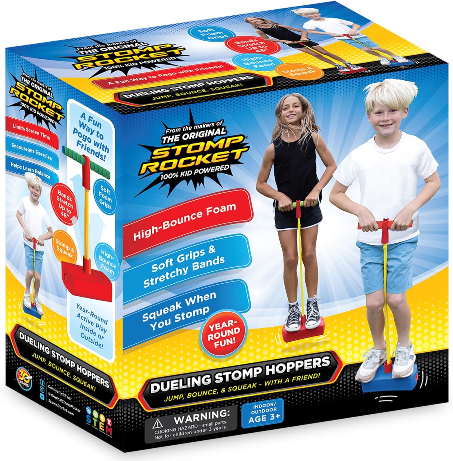 Stomp Rocket Dueling Stomp Hopper front view of two blue and orange foam pogo jumpers for toddlers.
