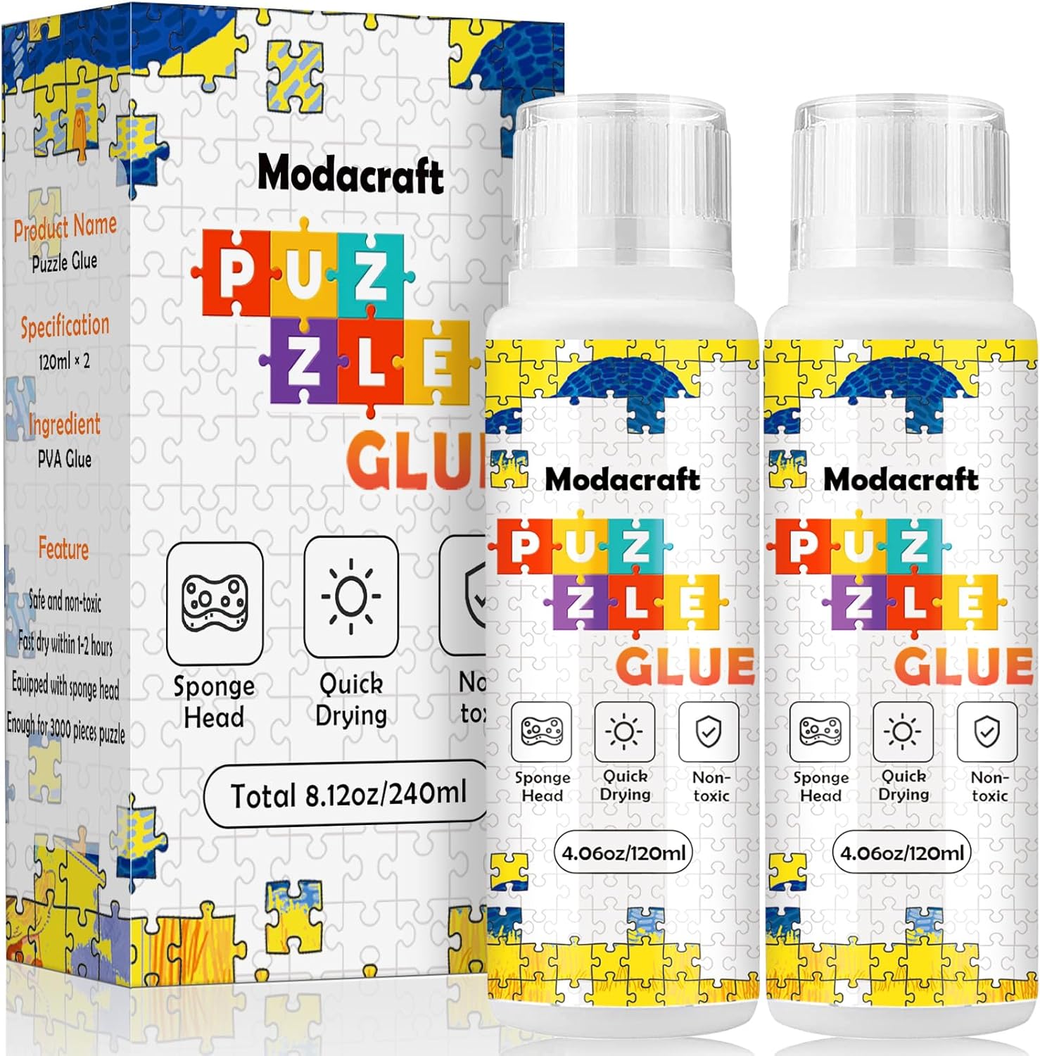 Modacraft jigsaw puzzle glue twin pack front view showing sponge head applicator