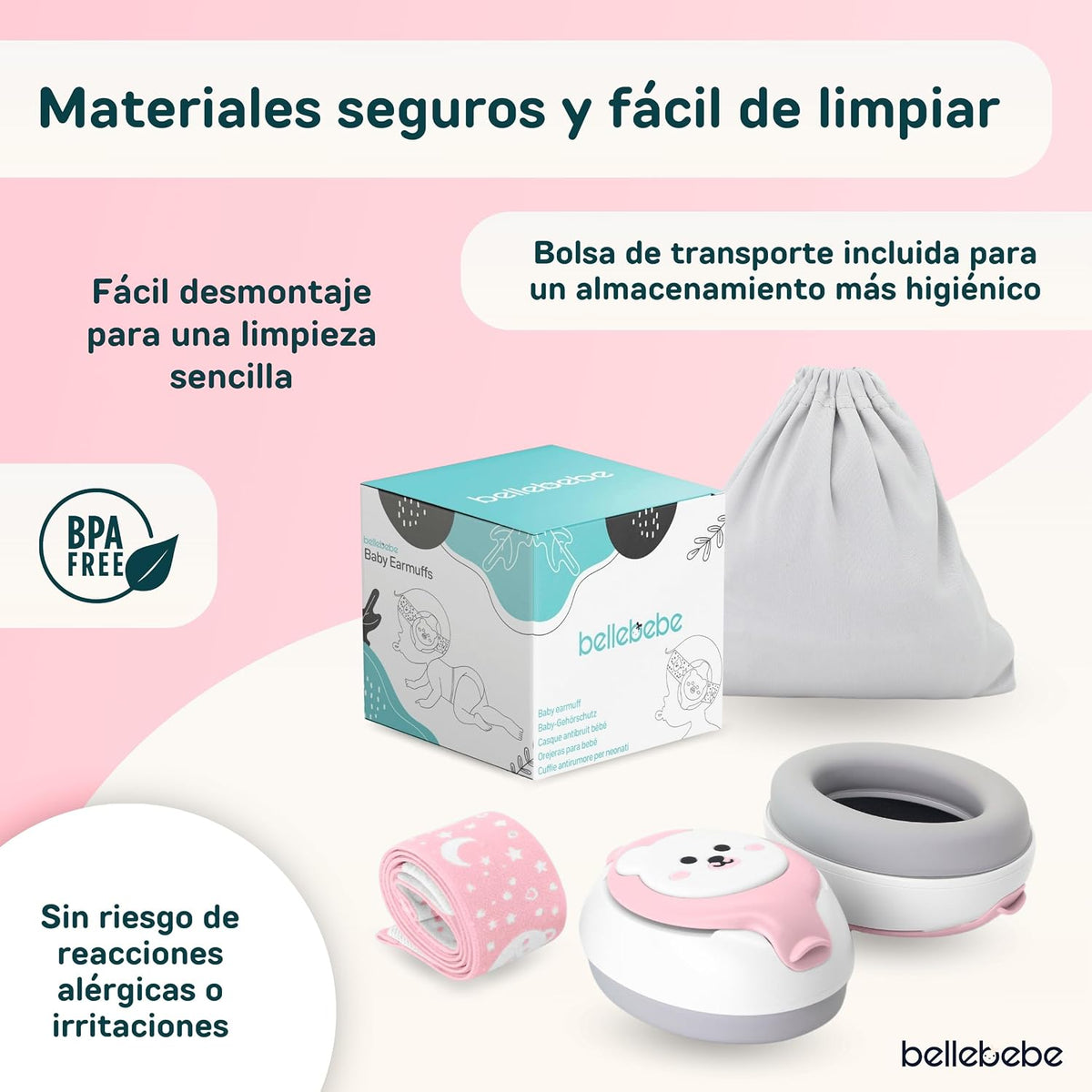 Bellebebe noise-cancelling headphones packaged with carrying bag