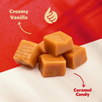 Top down perspective of authentic USA imported vanilla caramels filling a clear glass office candy bowl.
