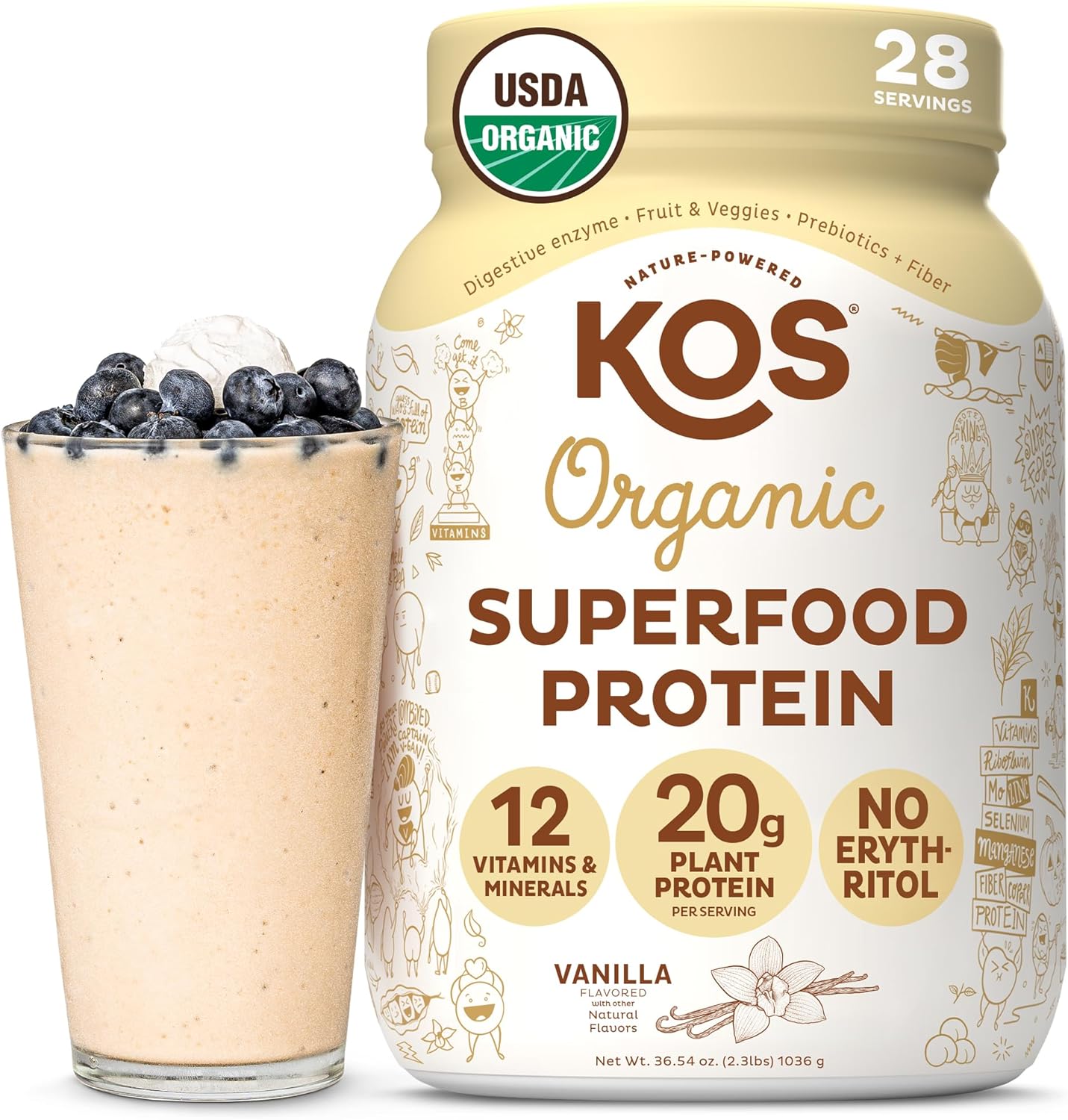 KOS Organic Vegan Protein Powder Vanilla front view for plant based nutrition