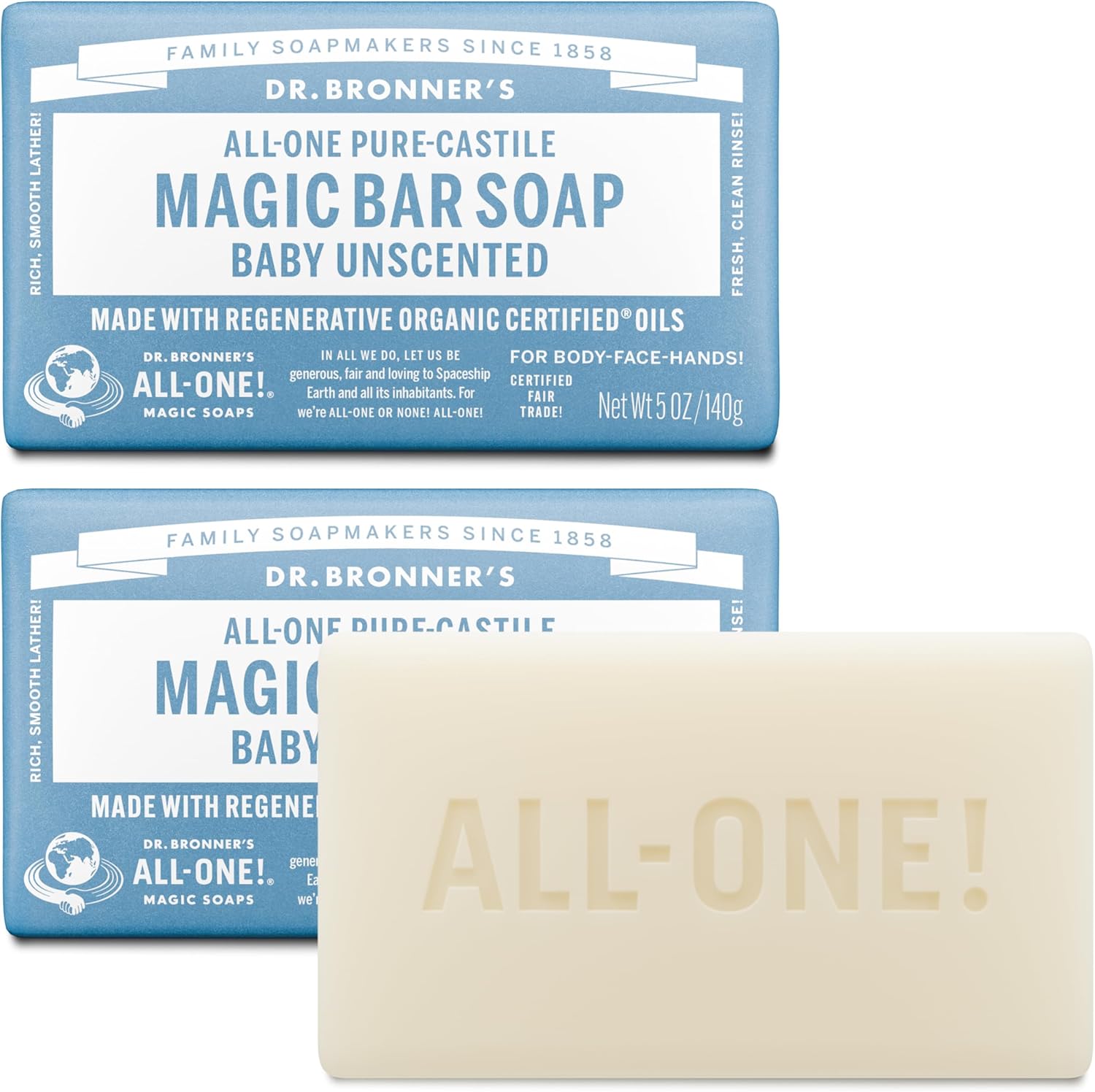 Dr. Bronner's Pure-Castile Baby Unscented Magic Bar Soap front view packaging