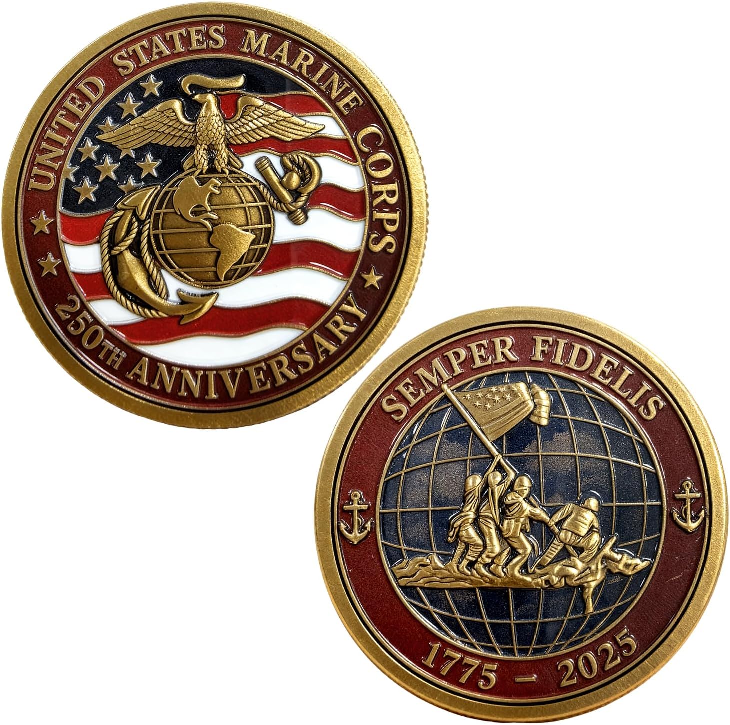 Lastikor Marine Corps 250th anniversary challenge coin front view showing intricate eagle globe and anchor emblem