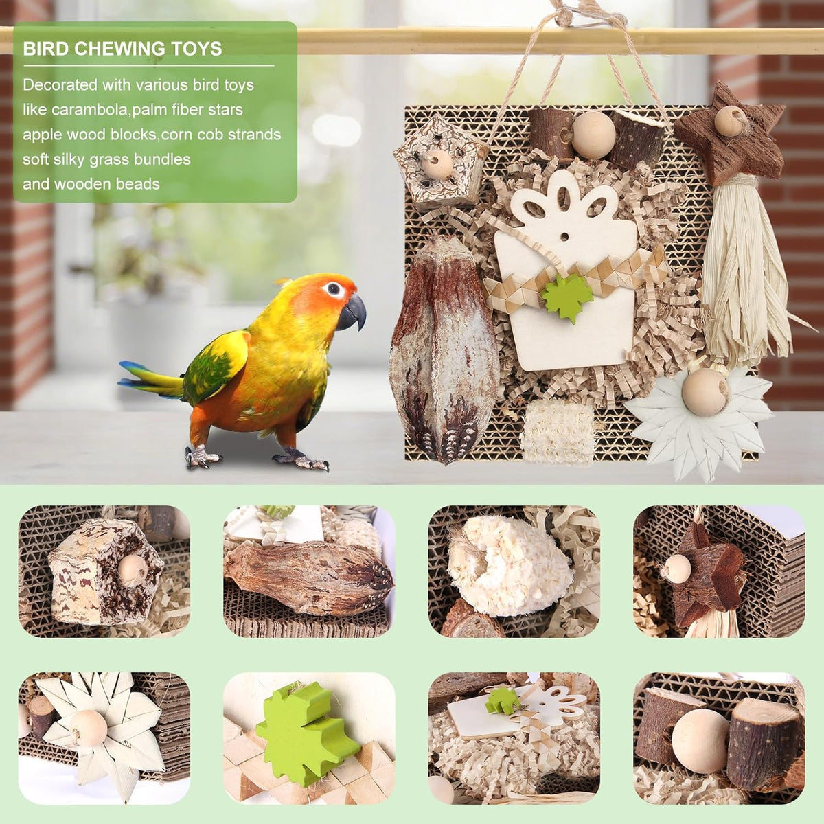 Parakeet parrot toy with chewable apple wood blocks and corn cob strands