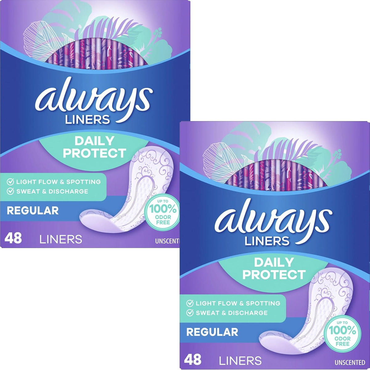 Always Radiant Pantiliners Regular Unscented front packaging showing 48 count box.