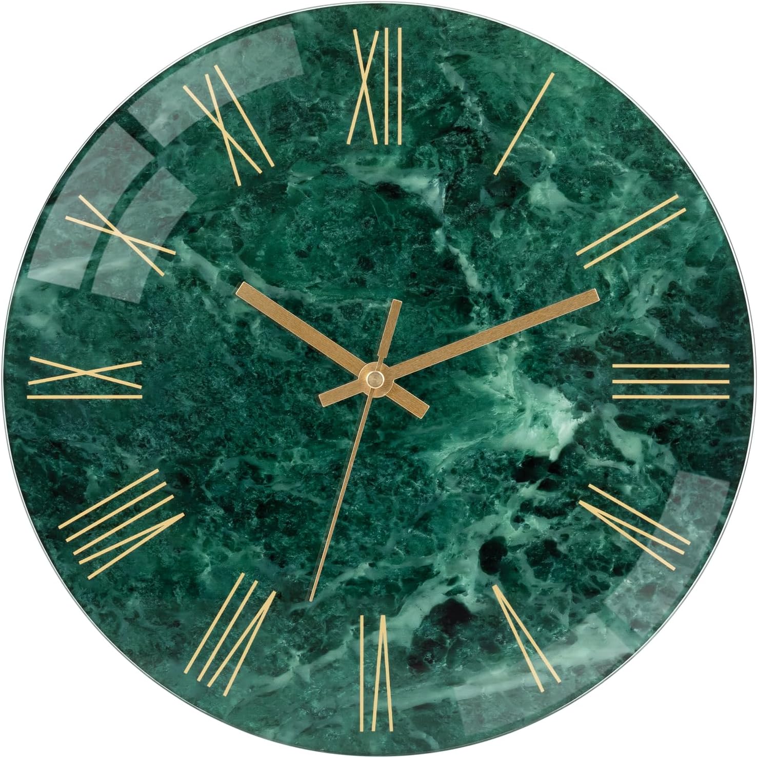 Lumuasky Tempered Glass Modern Wall Clock, Marble Design 12 Inch Silent Non-Ticking Quartz Battery Operated Decorative Round Easy to Read Clock for Home Decor (Emerald, Roman Numerals) - Image 1