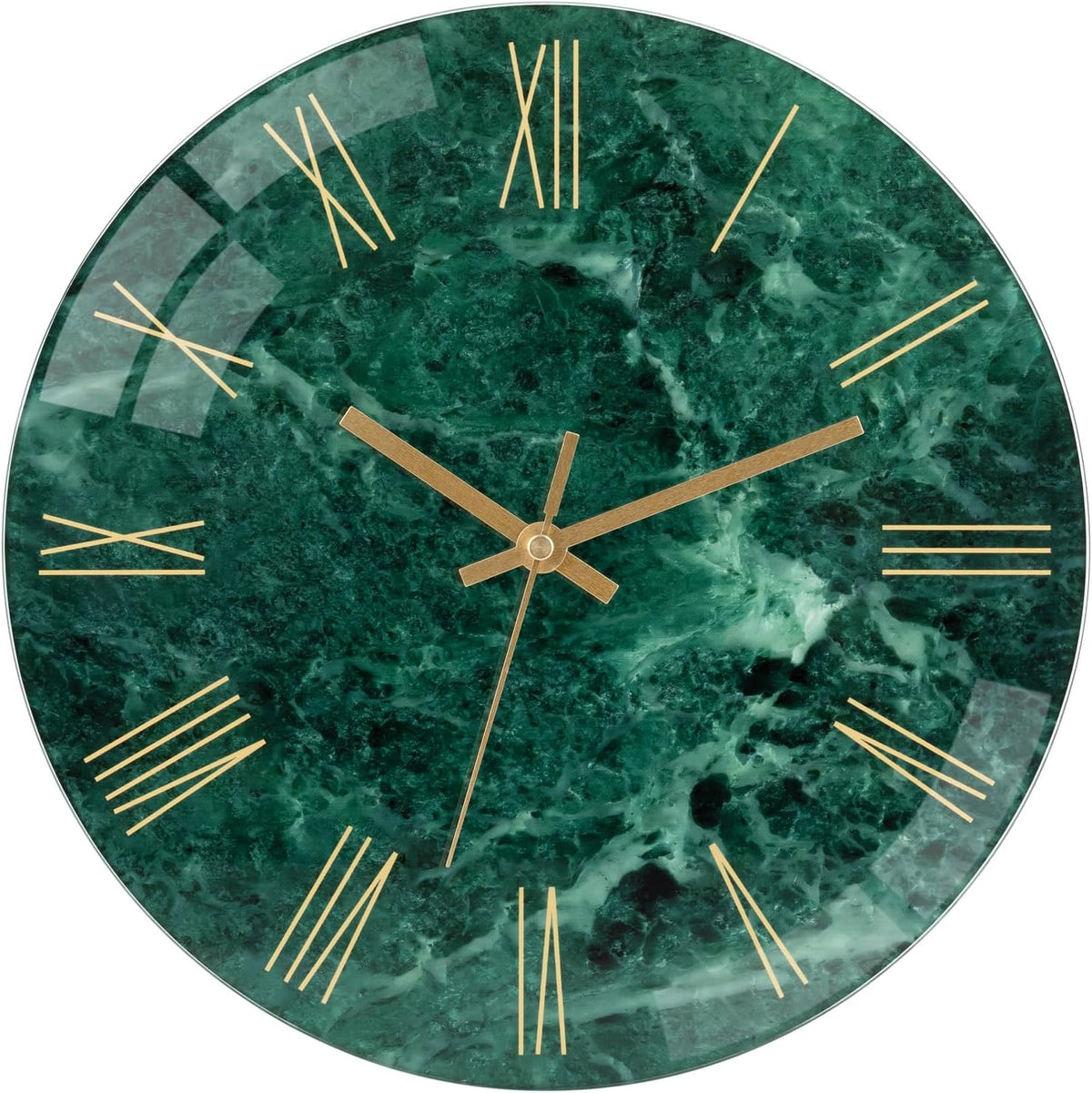 Lumuasky Tempered Glass Modern Wall Clock, Marble Design 12 Inch Silent Non-Ticking Quartz Battery Operated Decorative Round Easy to Read Clock for Home Decor (Emerald, Roman Numerals) - Image 1