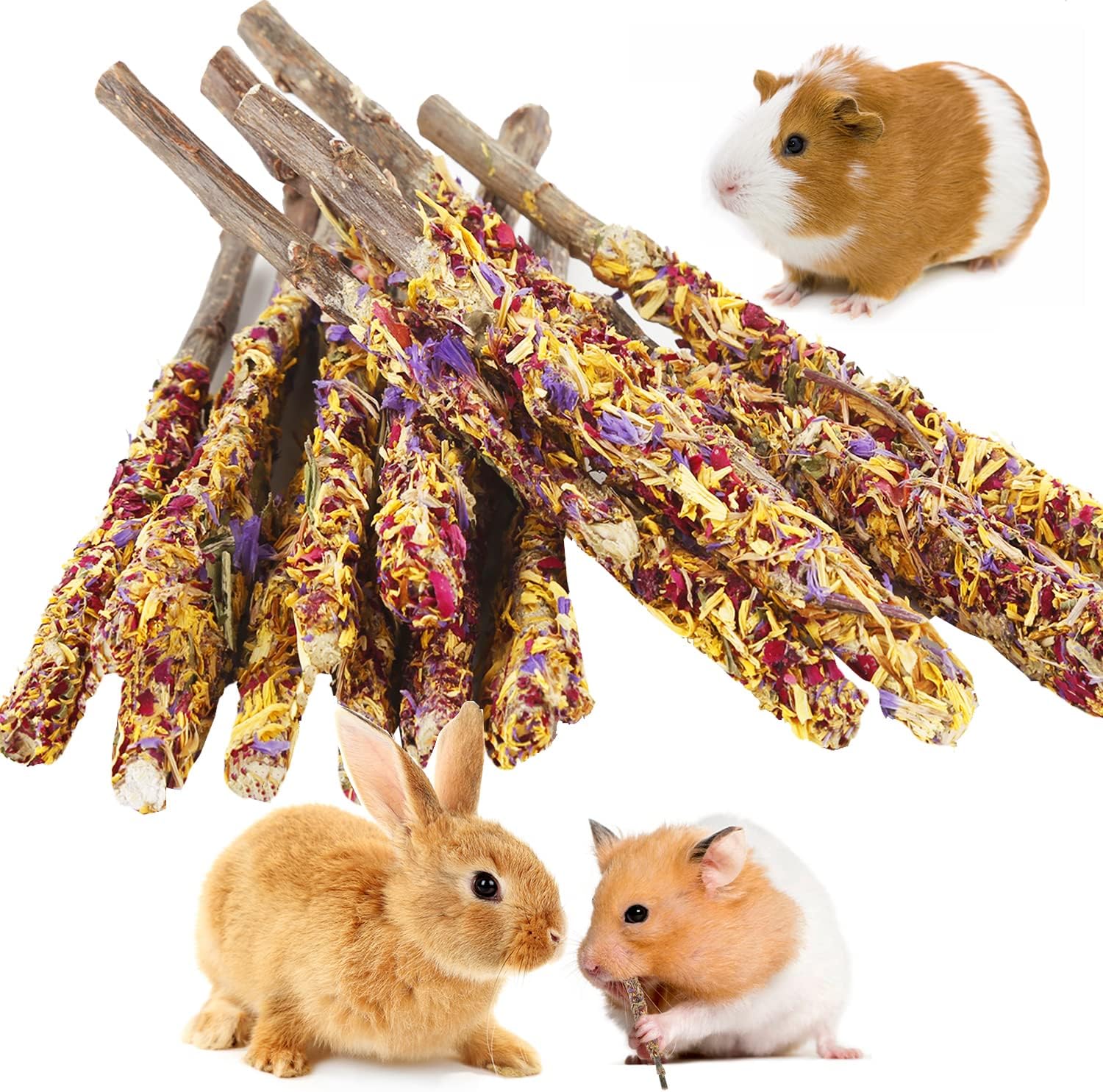 Abizoo Bunny Chew Toys front view showing natural apple wood sticks wrapped in colorful flower petals.