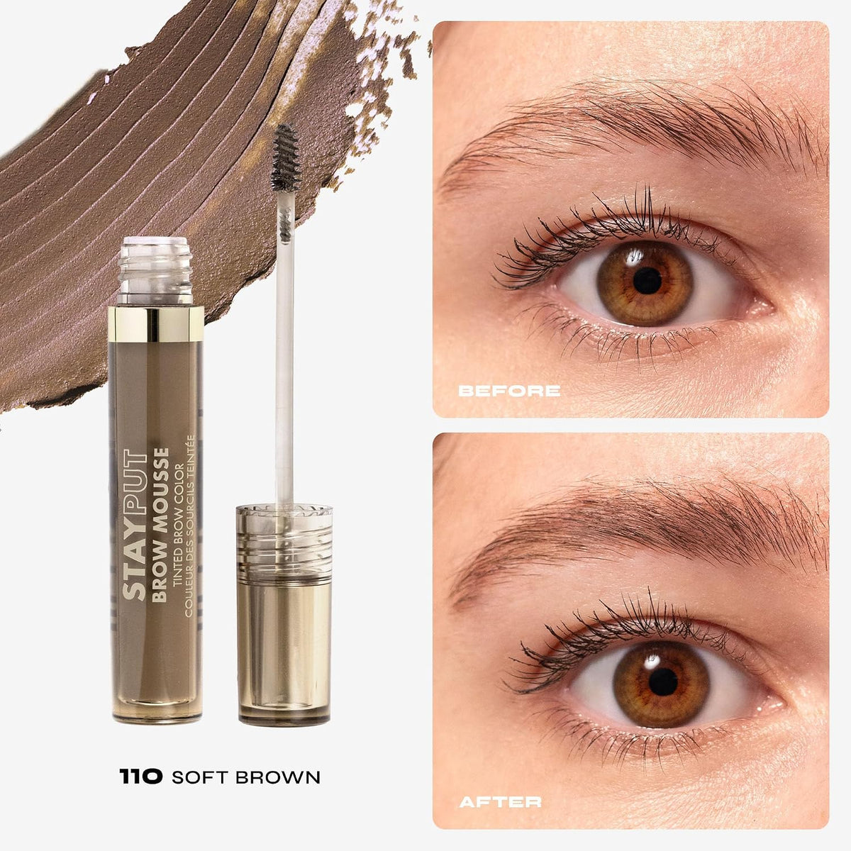Side view of Milani soft brown eyebrow mousse tube showing precise styling wand