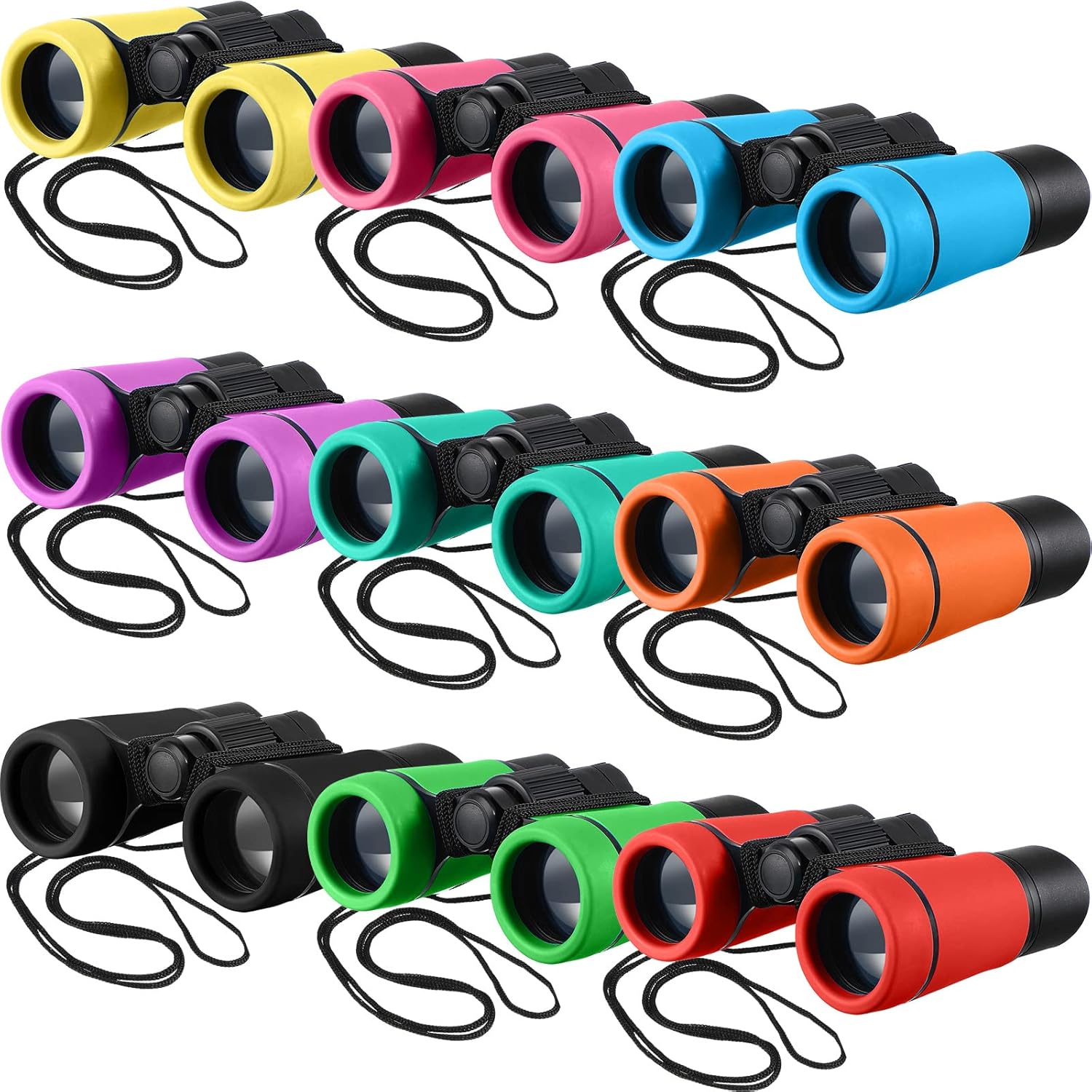 Yunsailing 9 pack kids binoculars front view showing nine colorful shockproof toy telescopes for outdoor play