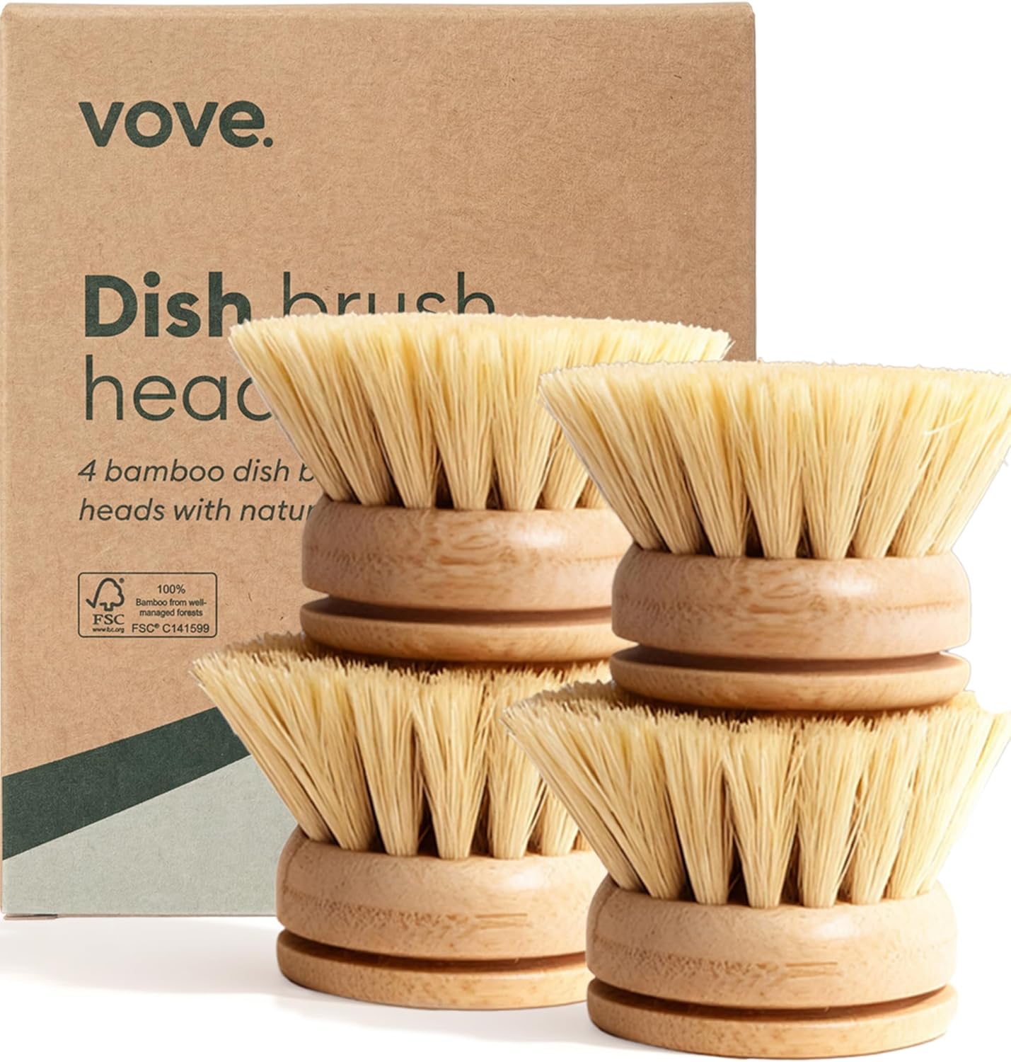 Vove bamboo dish brush replacement heads four pack front view showcasing natural sisal bristles.