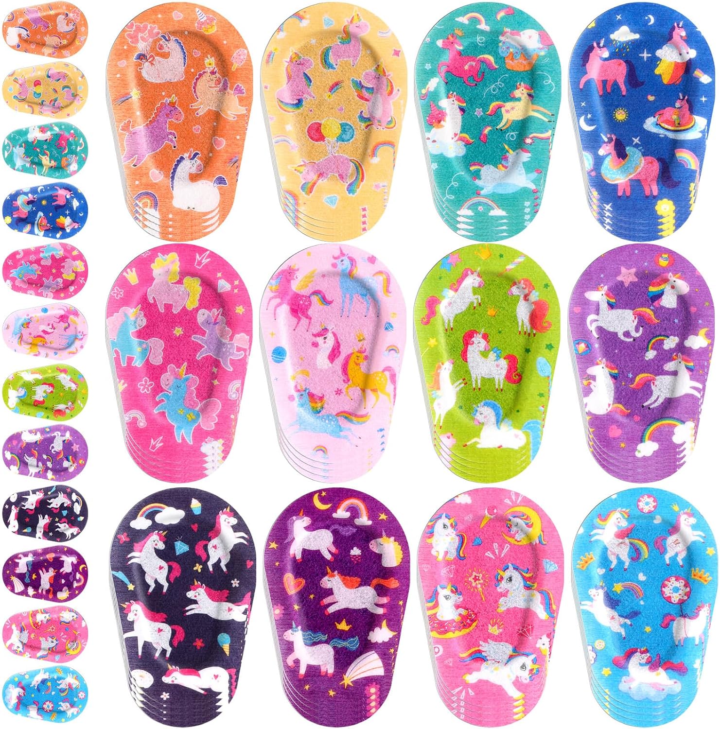 Panelee adhesive eye patches for kids front view showing colorful unicorn patterns.