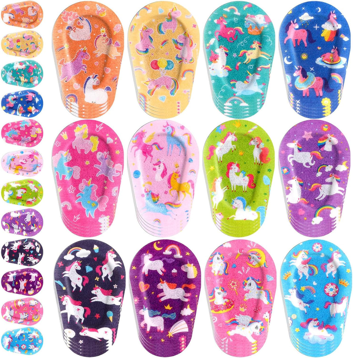 Panelee adhesive eye patches for kids front view showing colorful unicorn patterns.