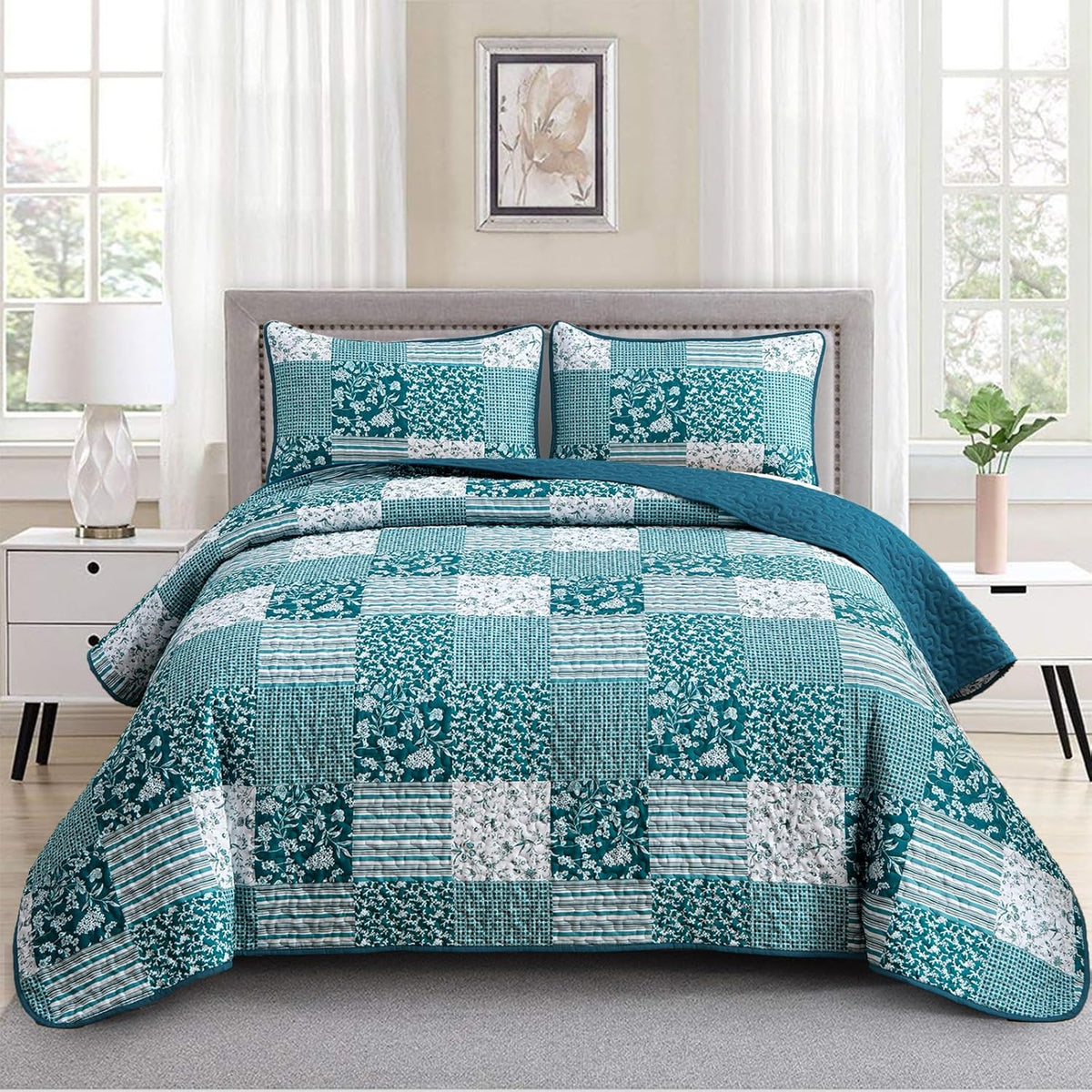 Mybedsoul Purple Quilt California King, Patchwork Reversible Bedding Set | Soft Lightweight Microfiber Summer Coverlet Set,3 Pieces Plaid Floral Bedspread, Bed Sets for All Season 110"x96" - Image 9
