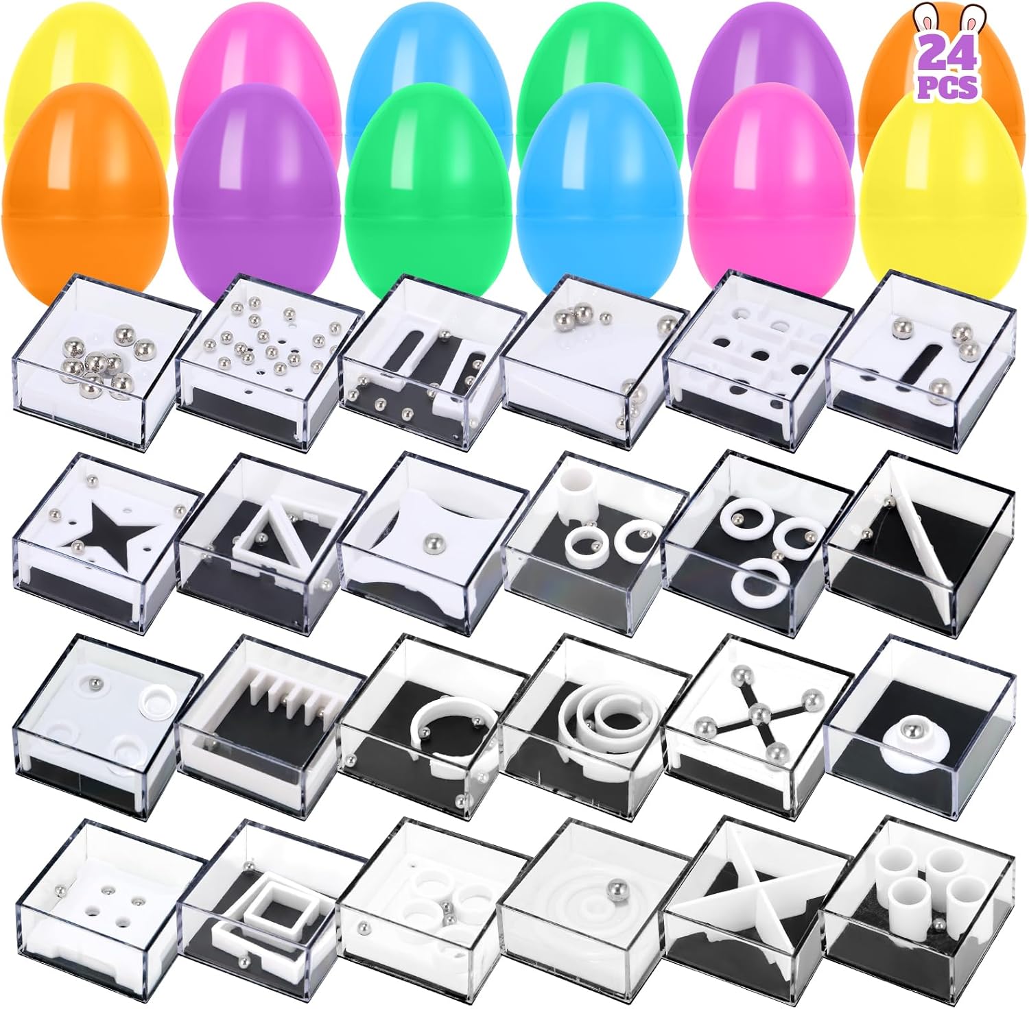 Mytothfy 24 pack prefilled easter eggs with maze cube puzzle toys front view showcase