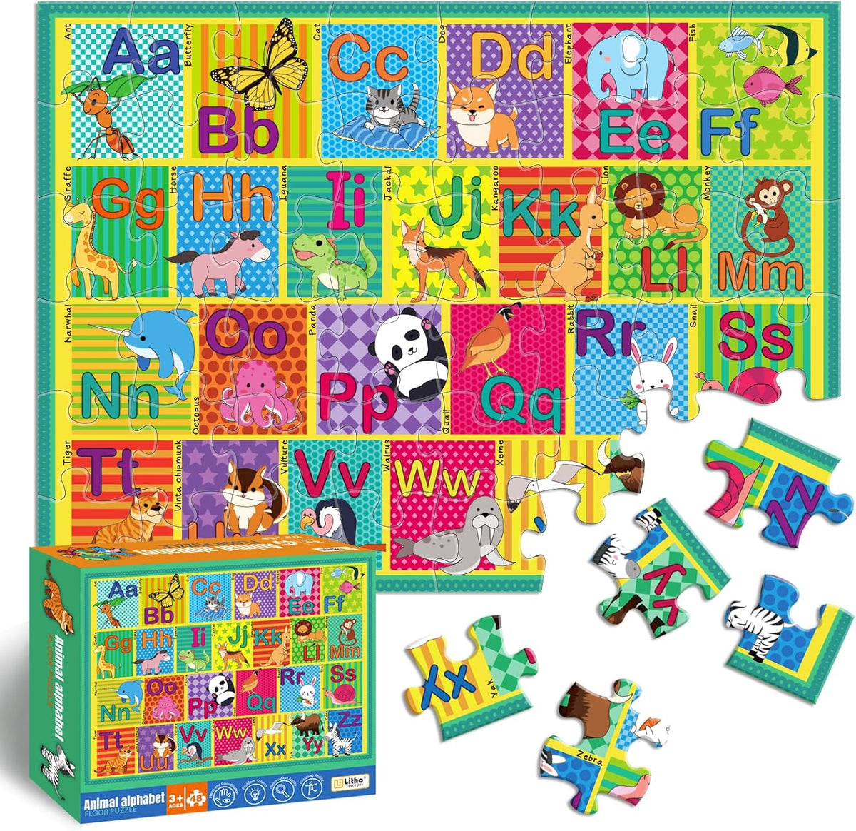 LithoConcepts Animal Alphabet Floor Puzzle front view of package box with complete illustration