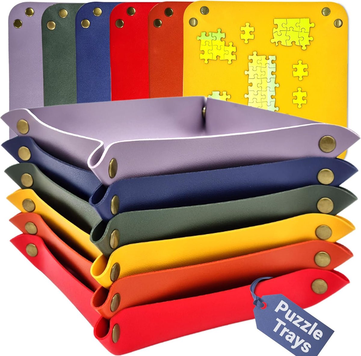 Kraftex puzzle sorting trays front view displaying six multi colored faux leather organizers stacked together.