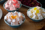 Top view of vegan Turkish Delight Lokum pieces in gift box
