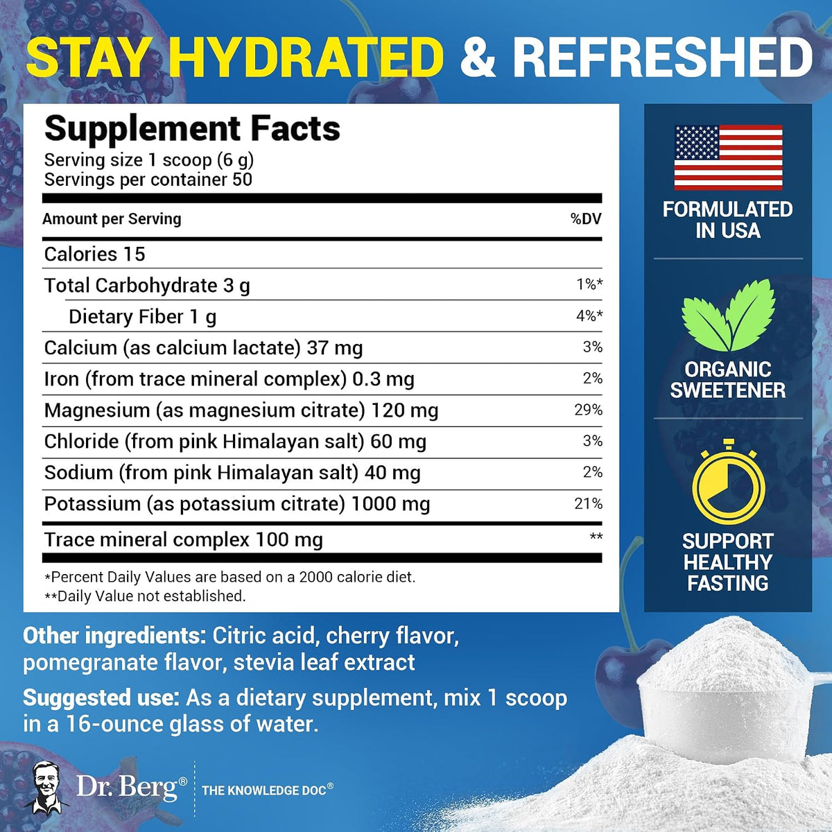 Premium USA imported Dr Berg hydration powder nutritional facts panel and ingredients list.