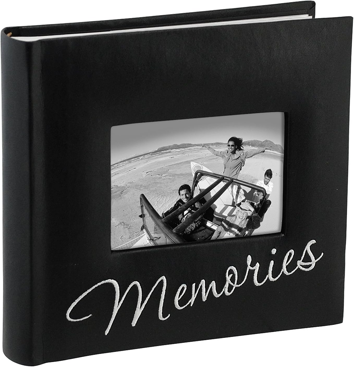 Malden International Designs Memories Cursive Photo Album front view showing embroidered text and cover photo window.