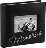 Malden International Designs Memories Cursive Photo Album front view showing embroidered text and cover photo window.