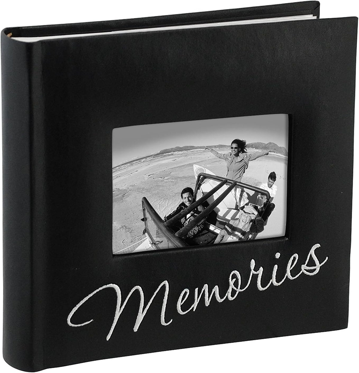 Malden International Designs Memories Cursive Photo Album front view showing embroidered text and cover photo window.