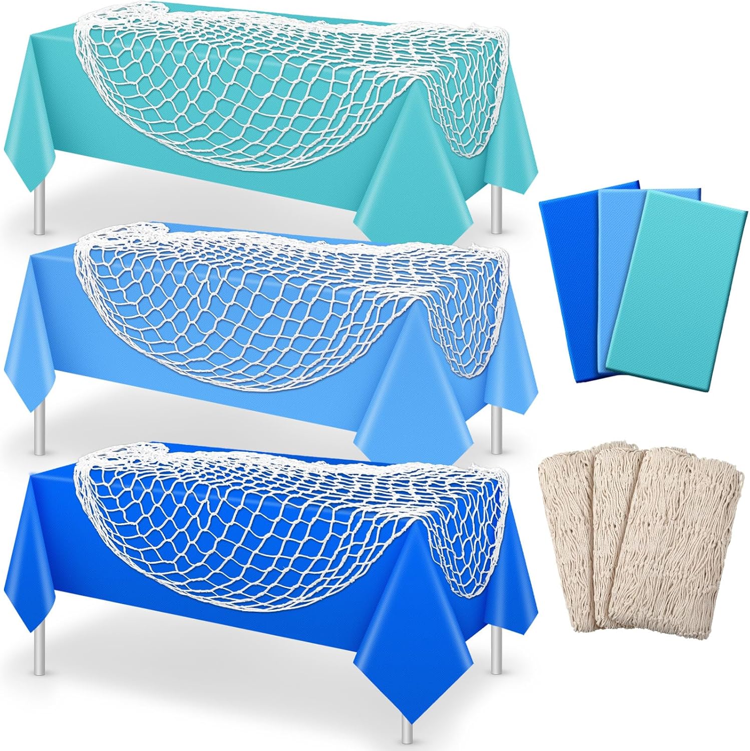 Unittype 6 Piece Fish Net Decorative and Tablecloth Set front view displaying vivid color plastic cover layered with white cotton netting