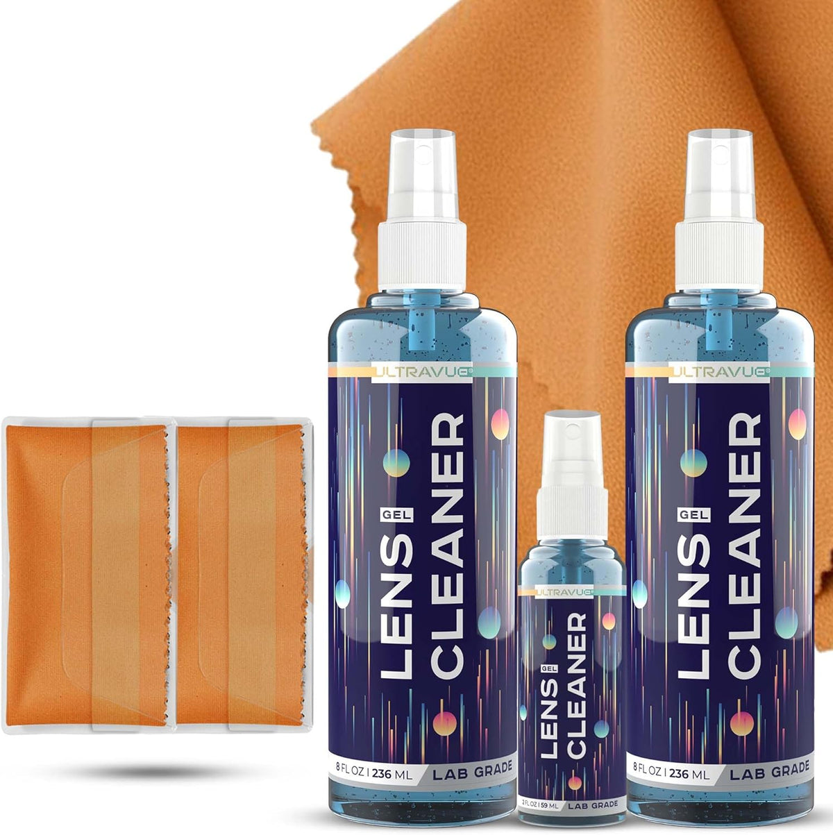 UltraVue Eyeglass Gel Lens Cleaner Spray Kit front view showing spray bottles and microfiber cloths