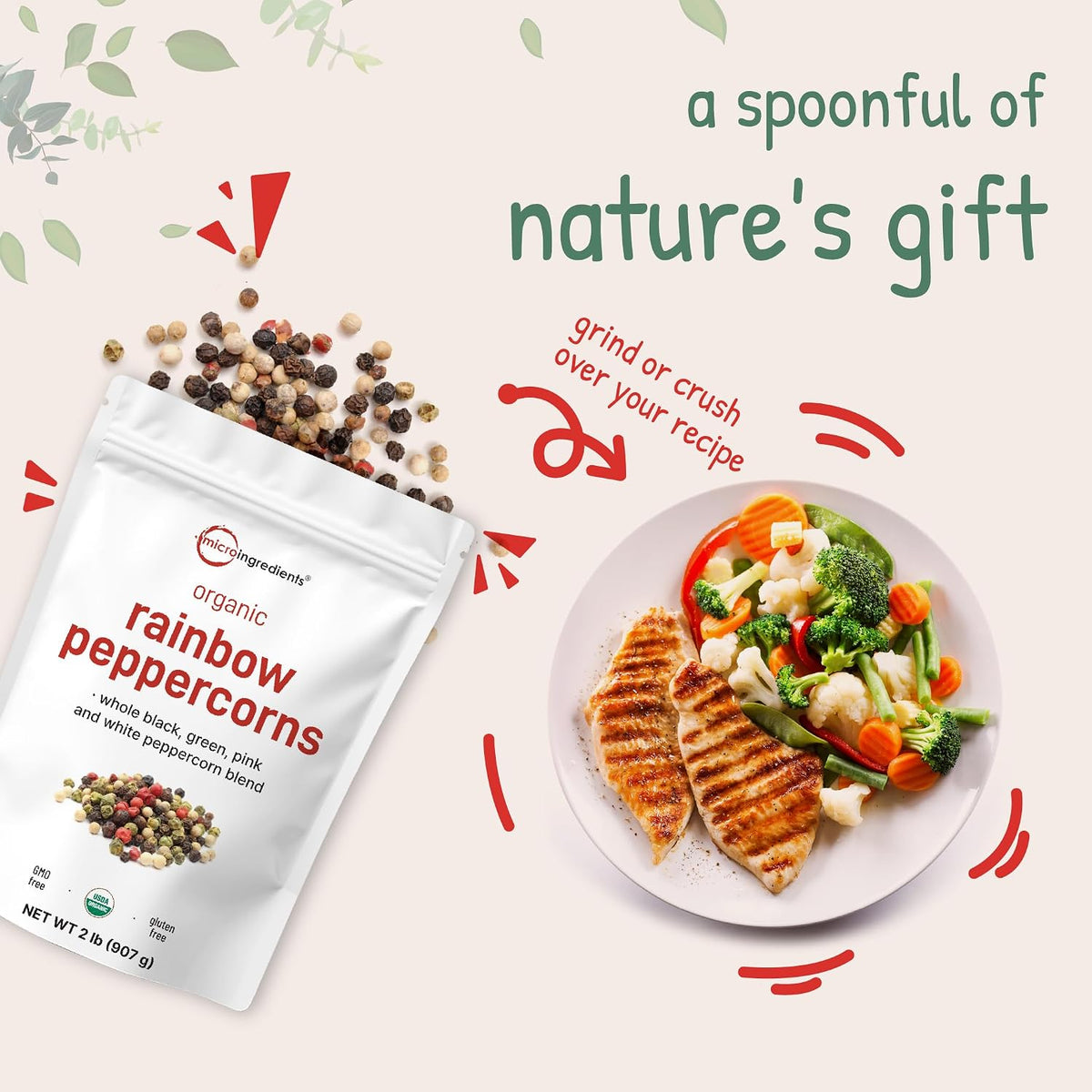 Micro Ingredients seasoning peppercorns displayed with fresh vegetables