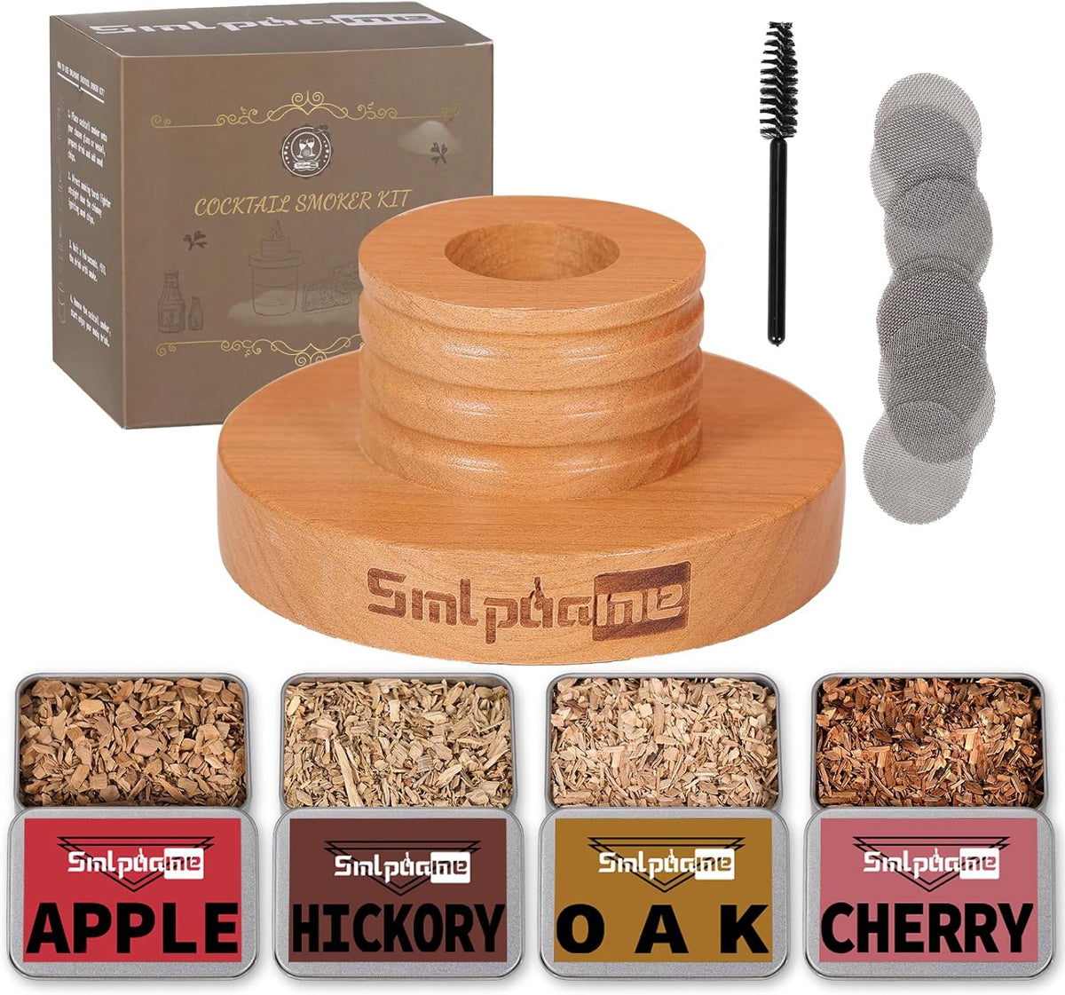 Smlpuame cocktail smoker kit front view with wooden chimney and wood chips