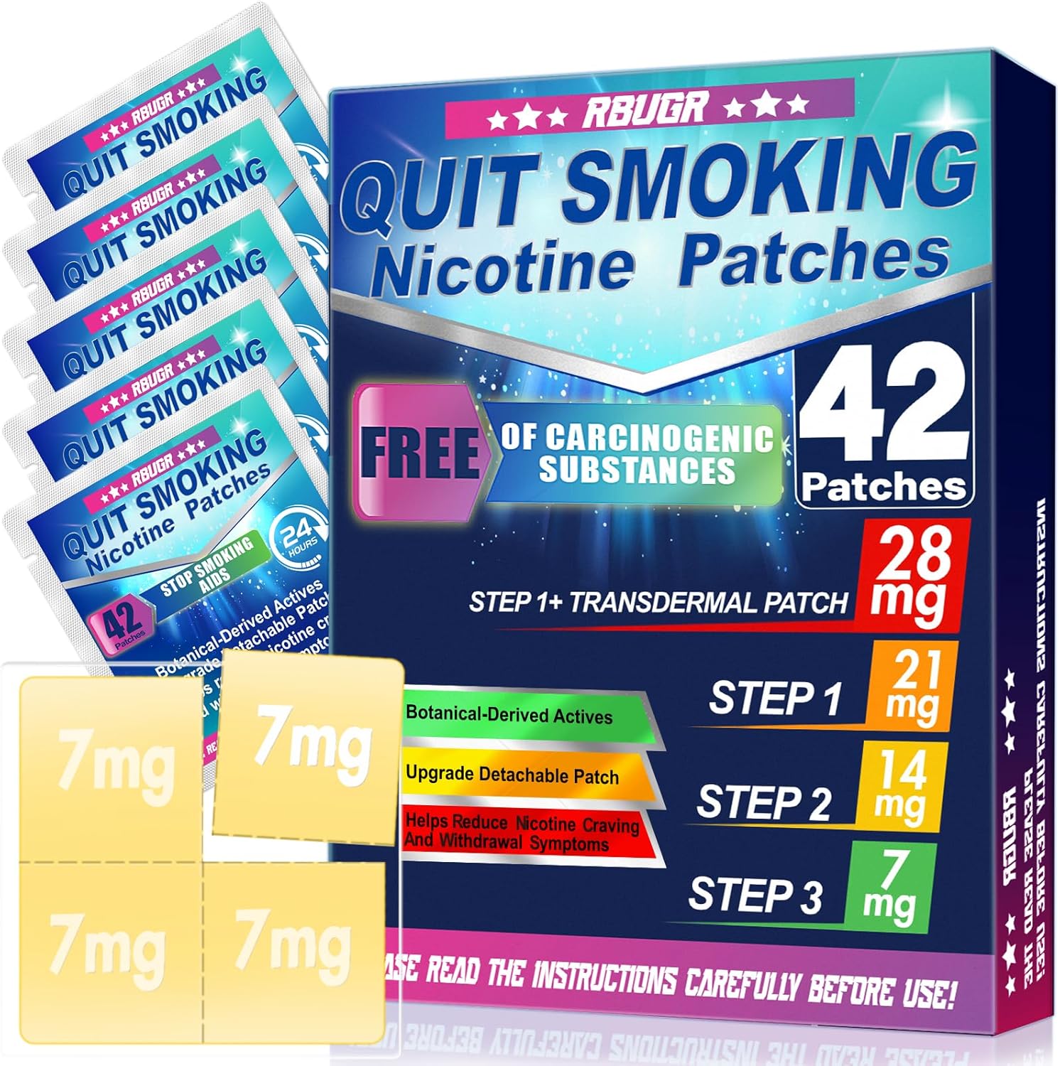 RBUGR Nicotine Patches 42 Pack - 28mg Stop Smoking Aids That Work with Adjustable Dosing (7mg/14mg/21mg) Quit Smoking Patches & Step-Down Program | 24HR Release - Image 1