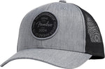 Fender Stratocaster 70th Anniversary Badge Hat front view and embroidered patch detail.