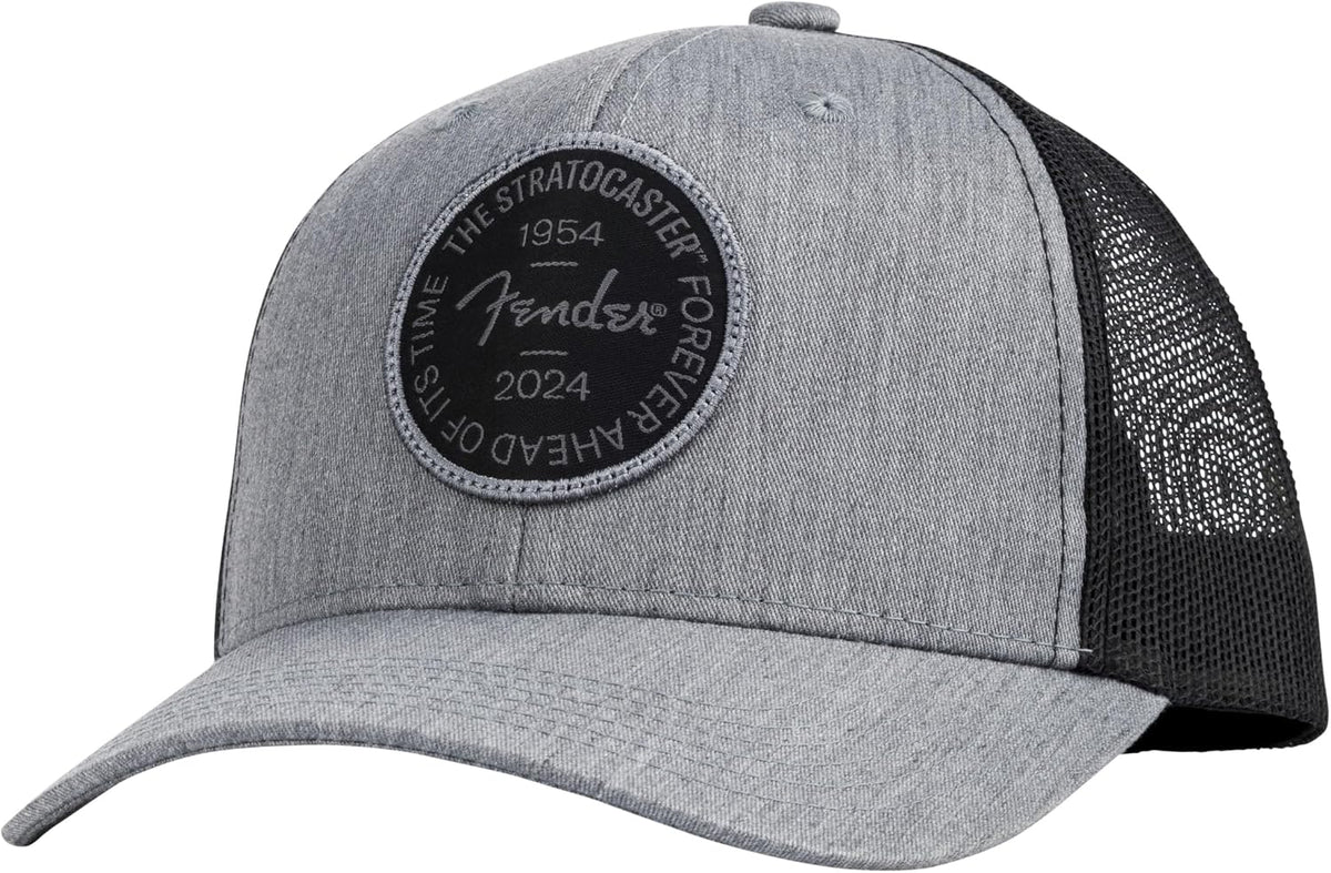 Fender Stratocaster 70th Anniversary Badge Hat front view and embroidered patch detail.