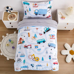 NacoMoco cars toddler bedding set front view with light blue vehicle printed comforter and sheets.