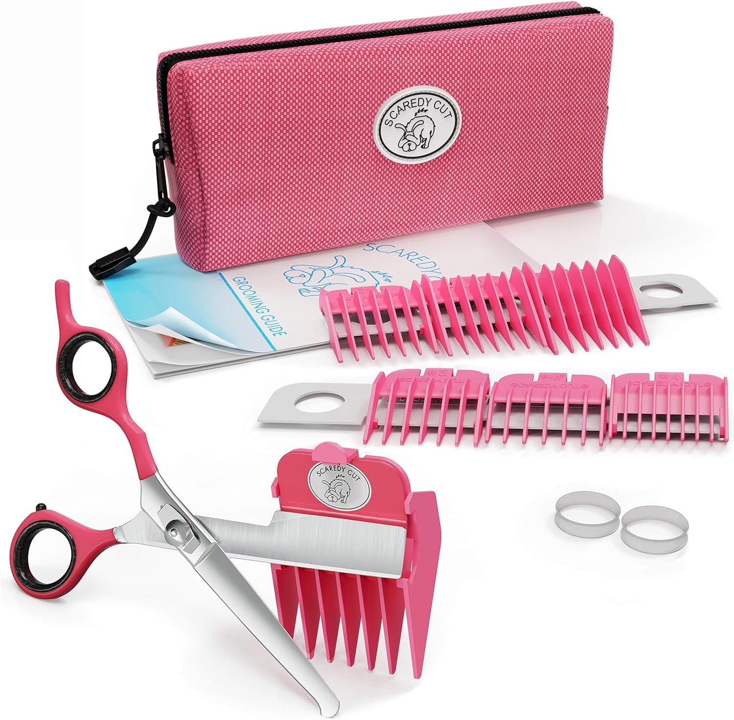 Scaredy Cut Silent Pet Grooming Kit front view showcasing pink left handed scissors and seven multi length attachment combs.