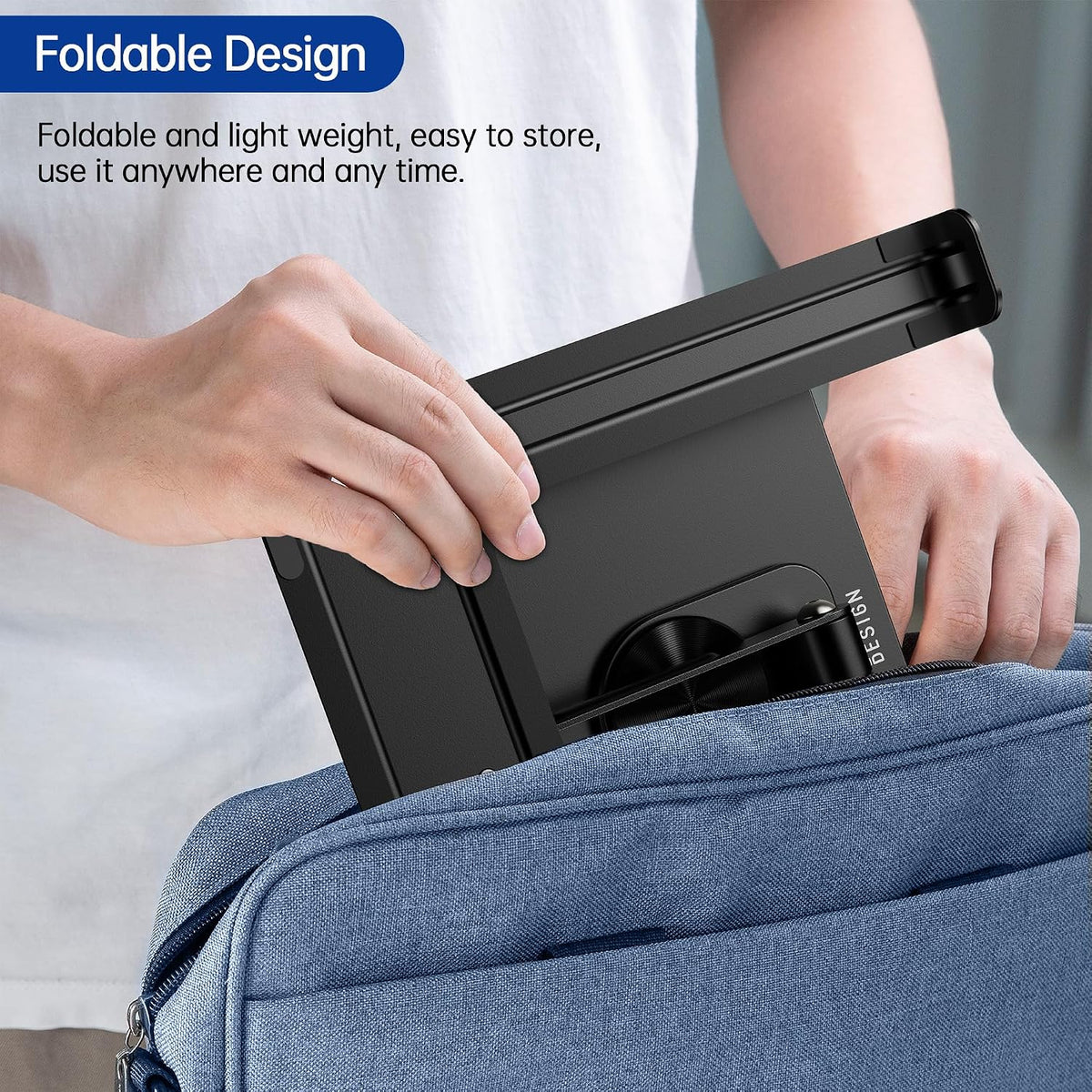 Besign adjustable laptop stand packaged for shipping with authentic USA import labeling.