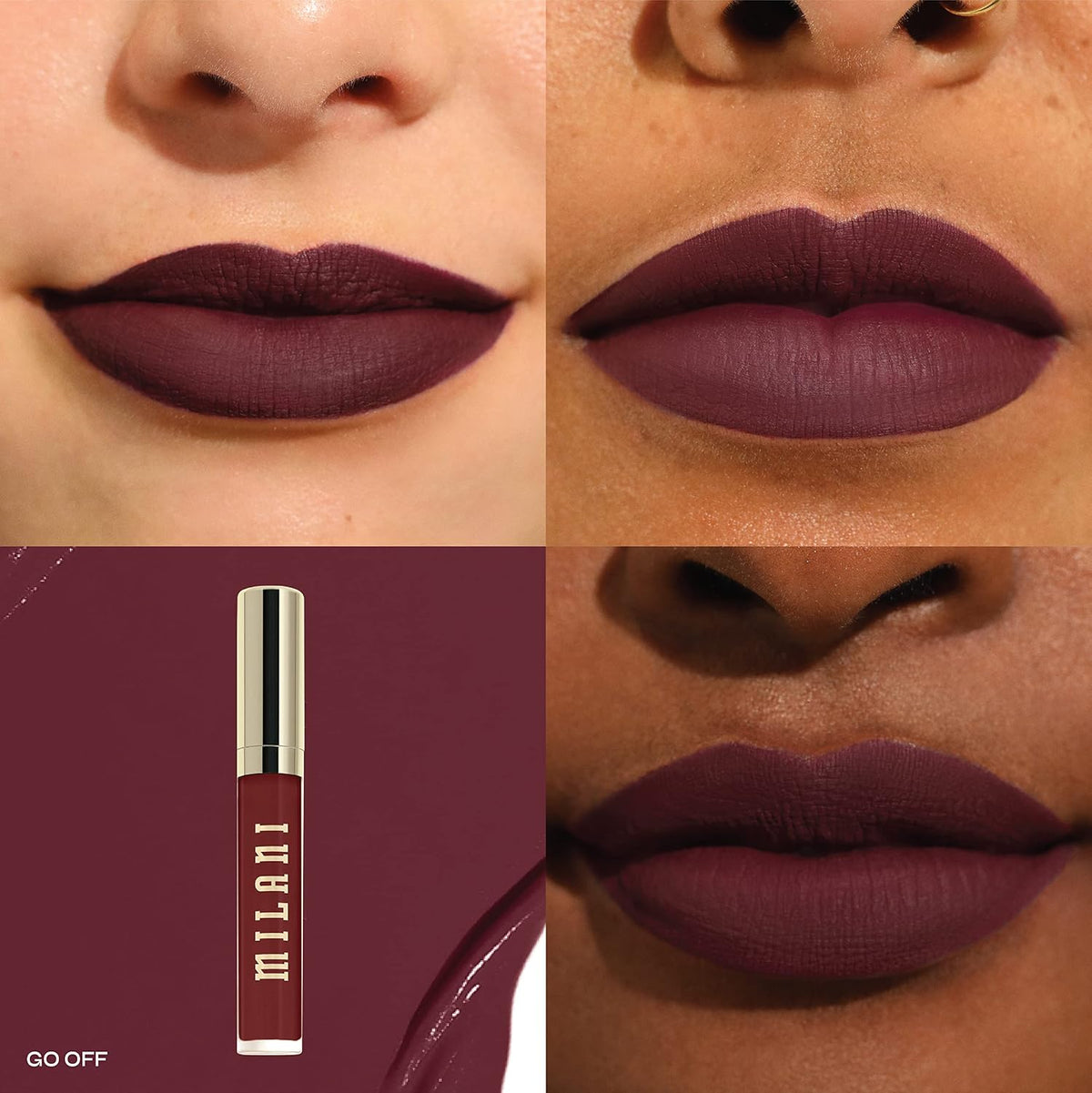 Transfer proof matte liquid lipstick texture swatch of shade Go Off.
