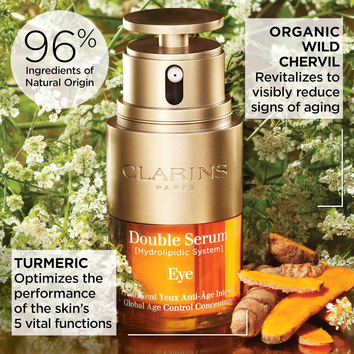 Clarins Double Serum Eye gold-toned pump dispenser close-up