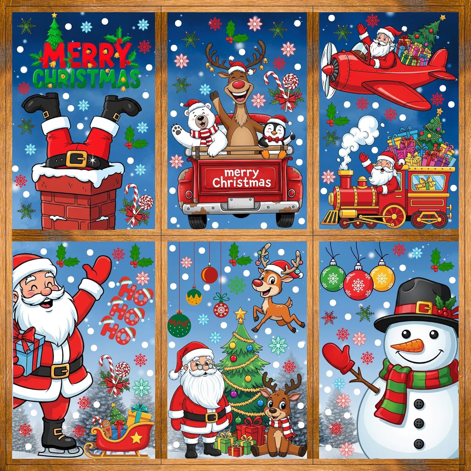Backtopeia Christmas window clings stickers front view showing 350 pieces of festive glass holiday decorations